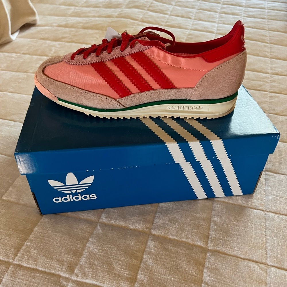 Adidas Women's Red and Pink Sneakers with Green Accents